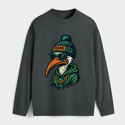 Coral Gables Ibis wearing Miami beanie with U patch - Classic Long Sleeve Shirt - Gray