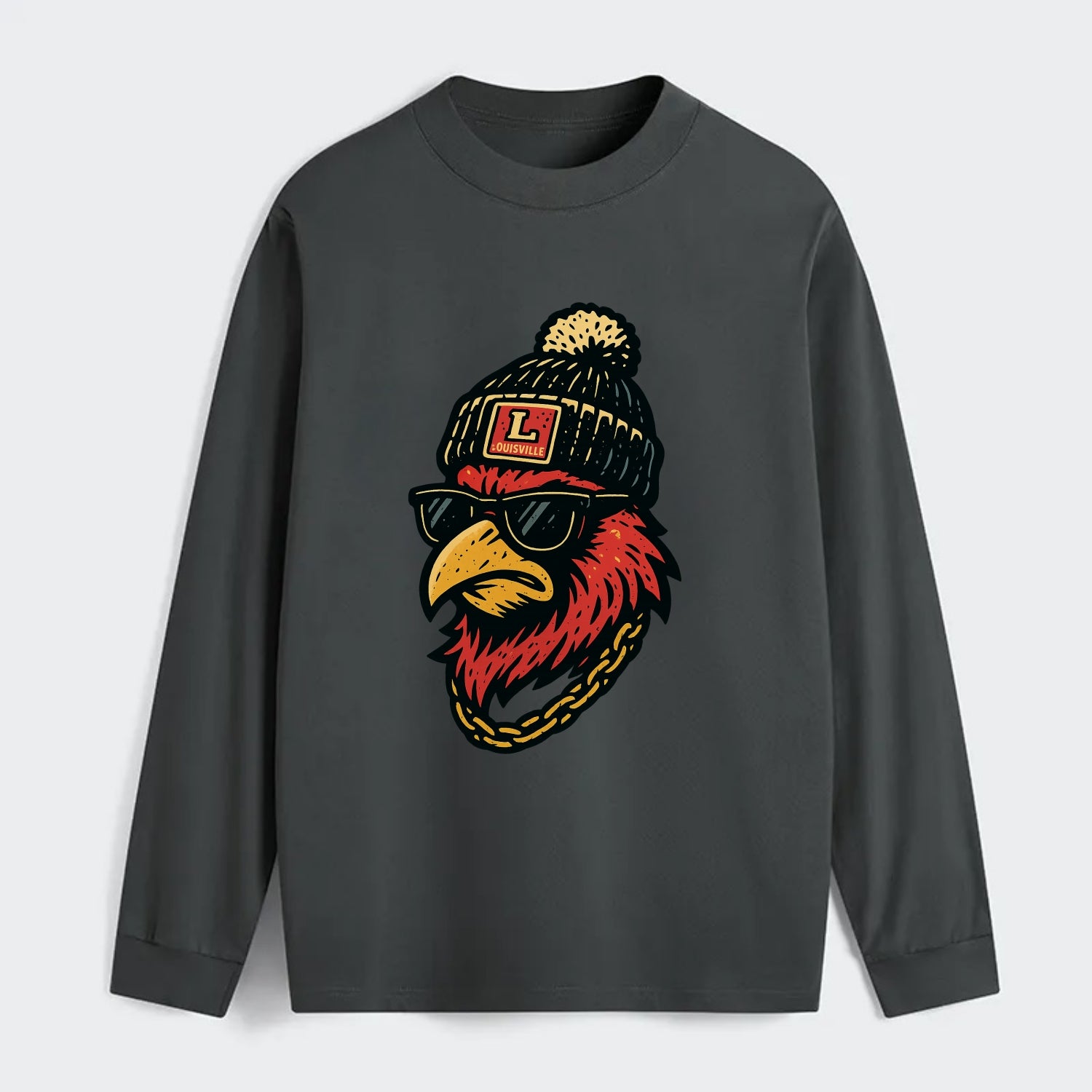 Louisville Cardinal wearing Louisville beanie with L patch - Classic Long Sleeve Shirt - Gray