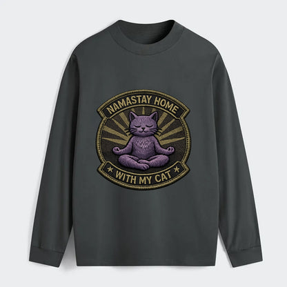 NAMASTAY HOME WITH MY CAT - yoga cat in purple , introvert cat - Classic Long Sleeve Shirt - Gray