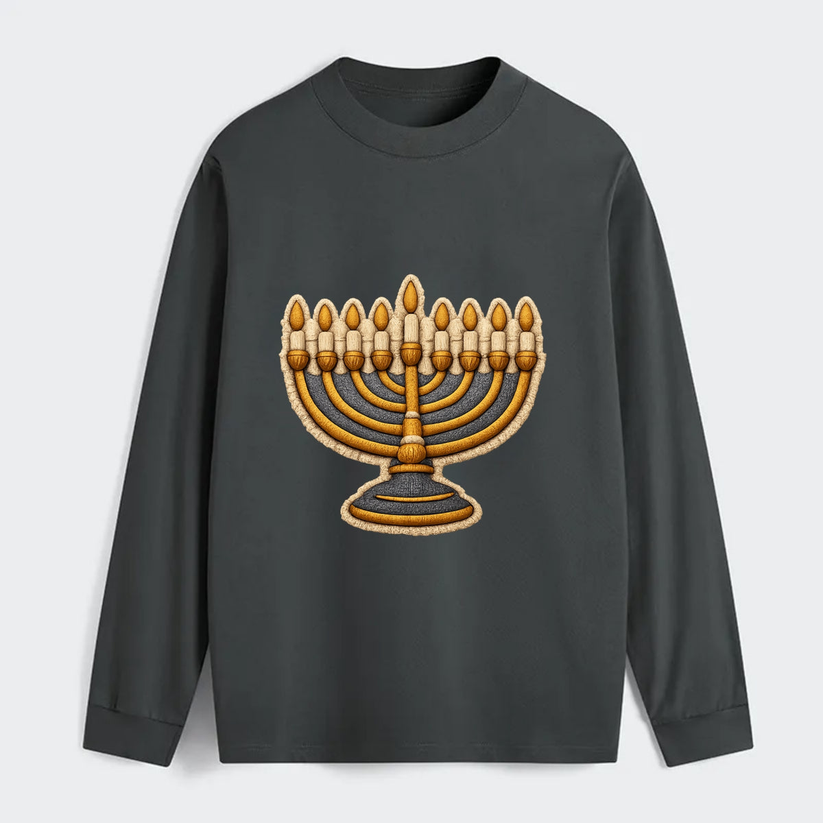 MENORAH LIGHTS - nine branch candelabra in gold and blue , Hanukkah - Classic Long Sleeve Shirt - Gray