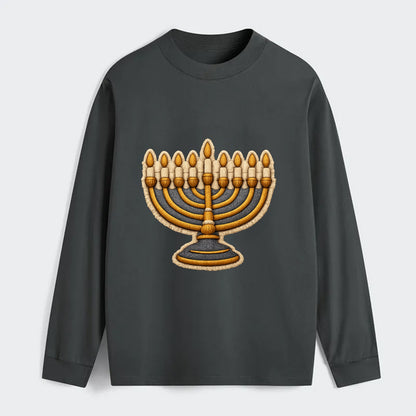 MENORAH LIGHTS - nine branch candelabra in gold and blue , Hanukkah - Classic Long Sleeve Shirt - Gray