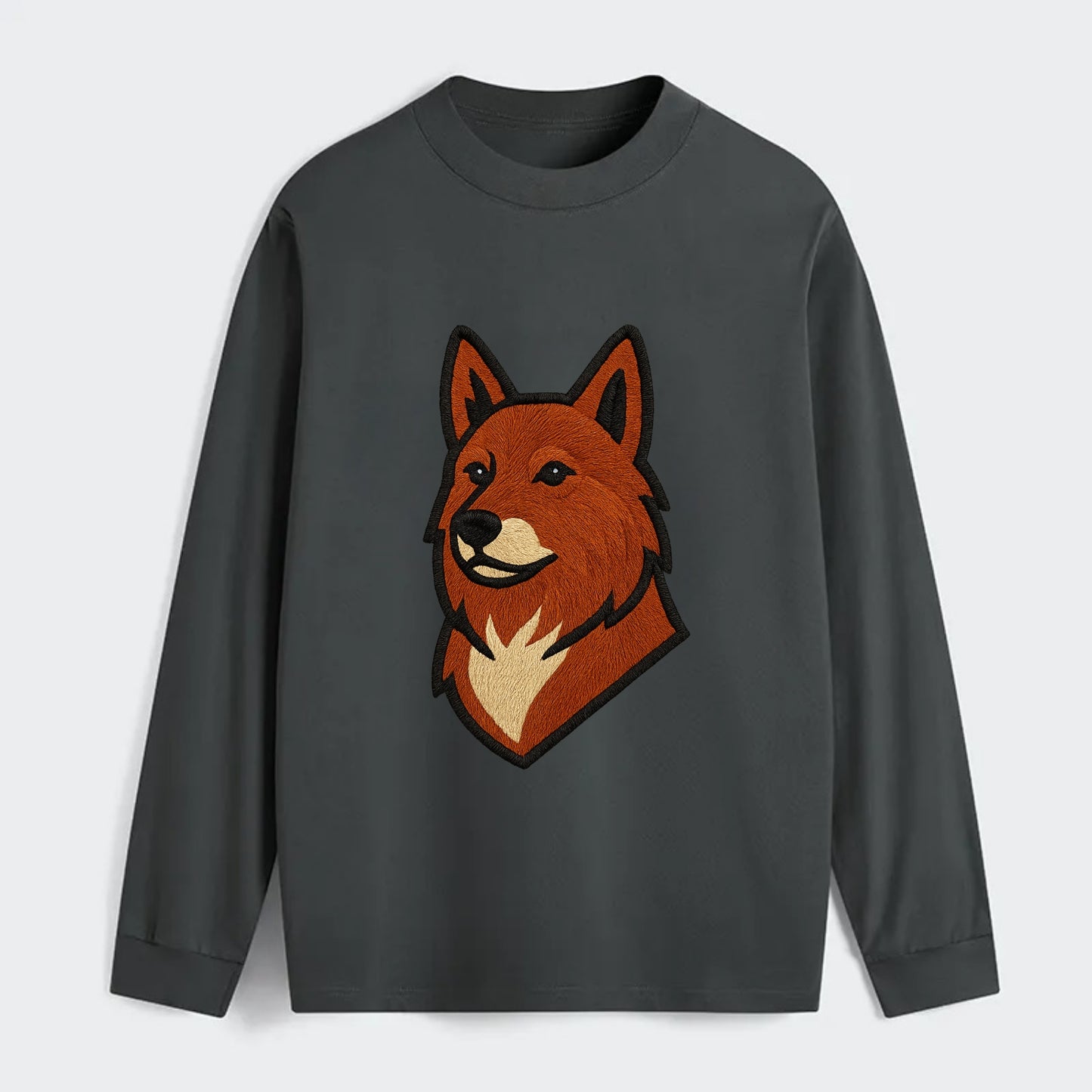 Finnish Spitz - Fox-red pointed ears embroidered pose - Classic Long Sleeve Shirt - Gray