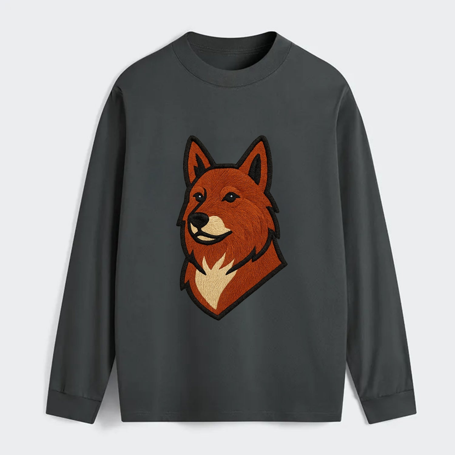 Finnish Spitz - Fox-red pointed ears embroidered pose - Classic Long Sleeve Shirt - Gray
