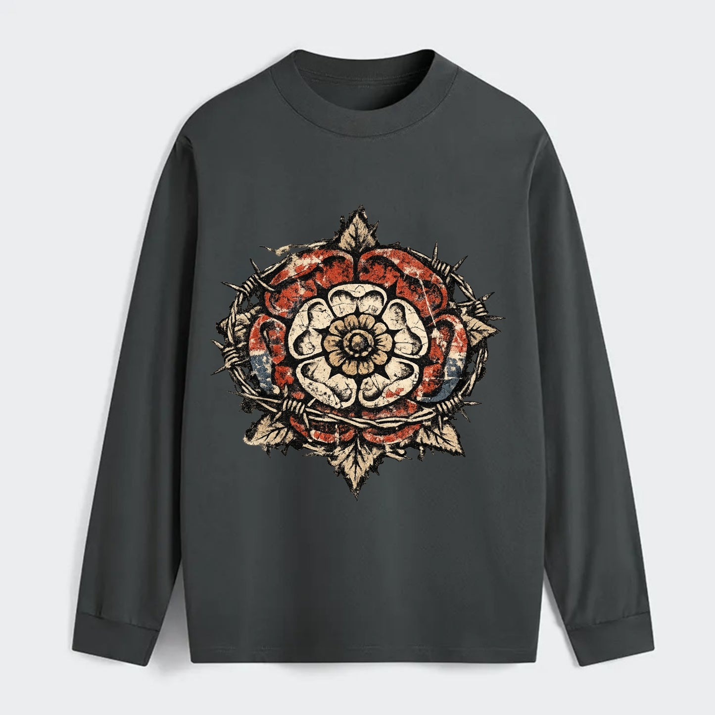 THORNED ROSE | Tudor rose with thorns | Barbed wire integration | - Classic Long Sleeve Shirt - Gray