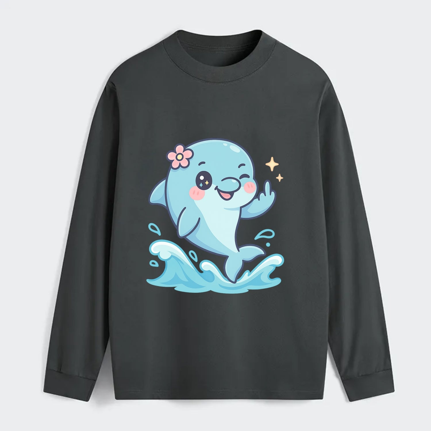 smiling dolphin jumping through ocean waves, one fin up with attitude - Classic Long Sleeve Shirt - Gray