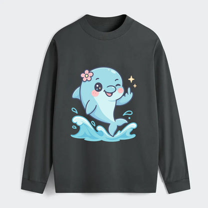 smiling dolphin jumping through ocean waves, one fin up with attitude - Classic Long Sleeve Shirt - Gray