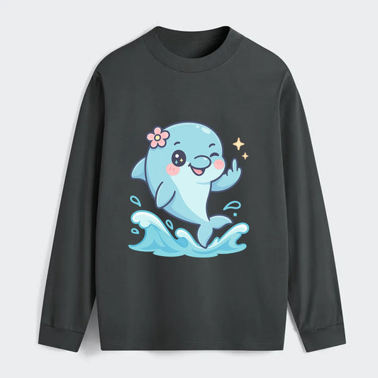 smiling dolphin jumping through ocean waves, one fin up with attitude - Classic Long Sleeve Shirt - Gray