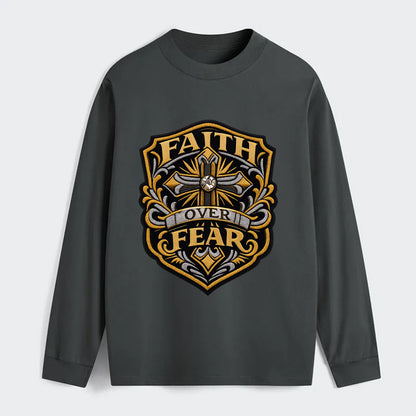FAITH OVER FEAR - cross with text in gold , spiritual strength - Classic Long Sleeve Shirt - Gray