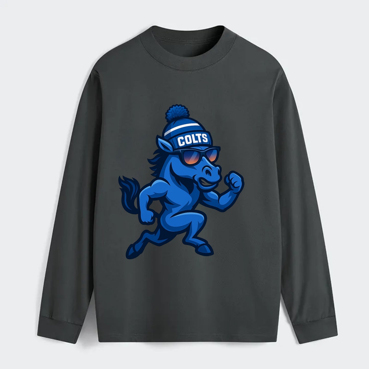 Indianapolis Colt Horse wearing Colts blue and white beanie with pom - Classic Long Sleeve Shirt - Gray