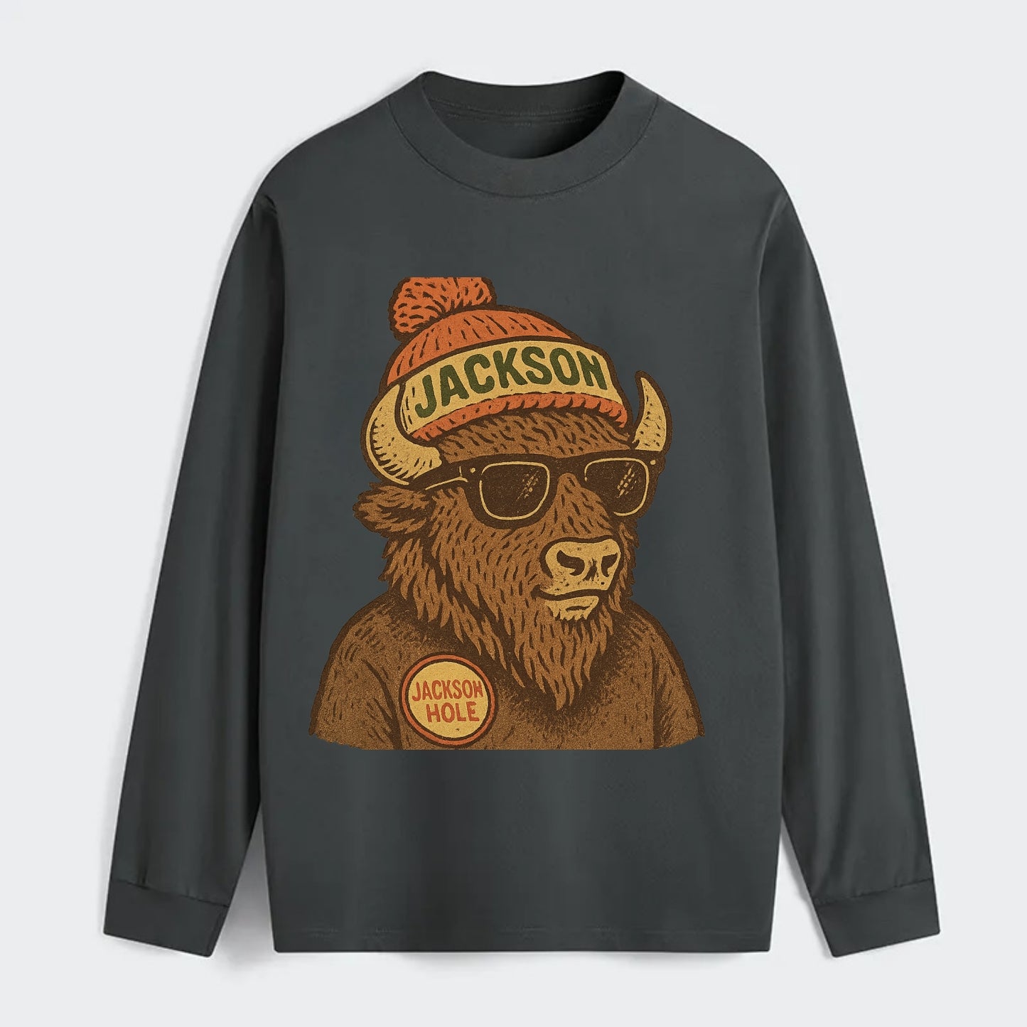 Jackson Hole Bison wearing Jackson beanie with pom pom and wayfarer - Classic Long Sleeve Shirt - Gray