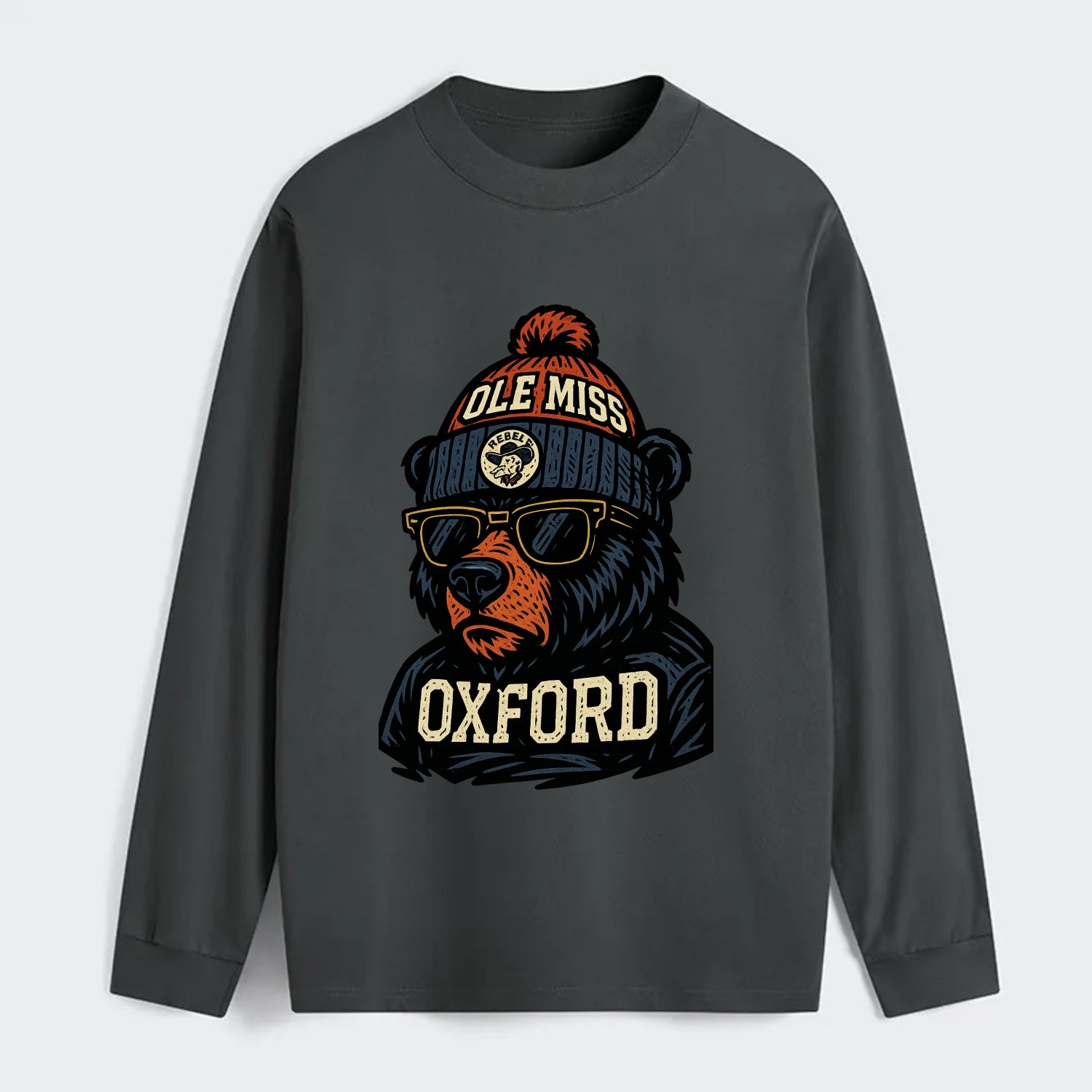 Oxford Black Bear wearing Ole Miss beanie with rebel patch - Classic Long Sleeve Shirt - Gray