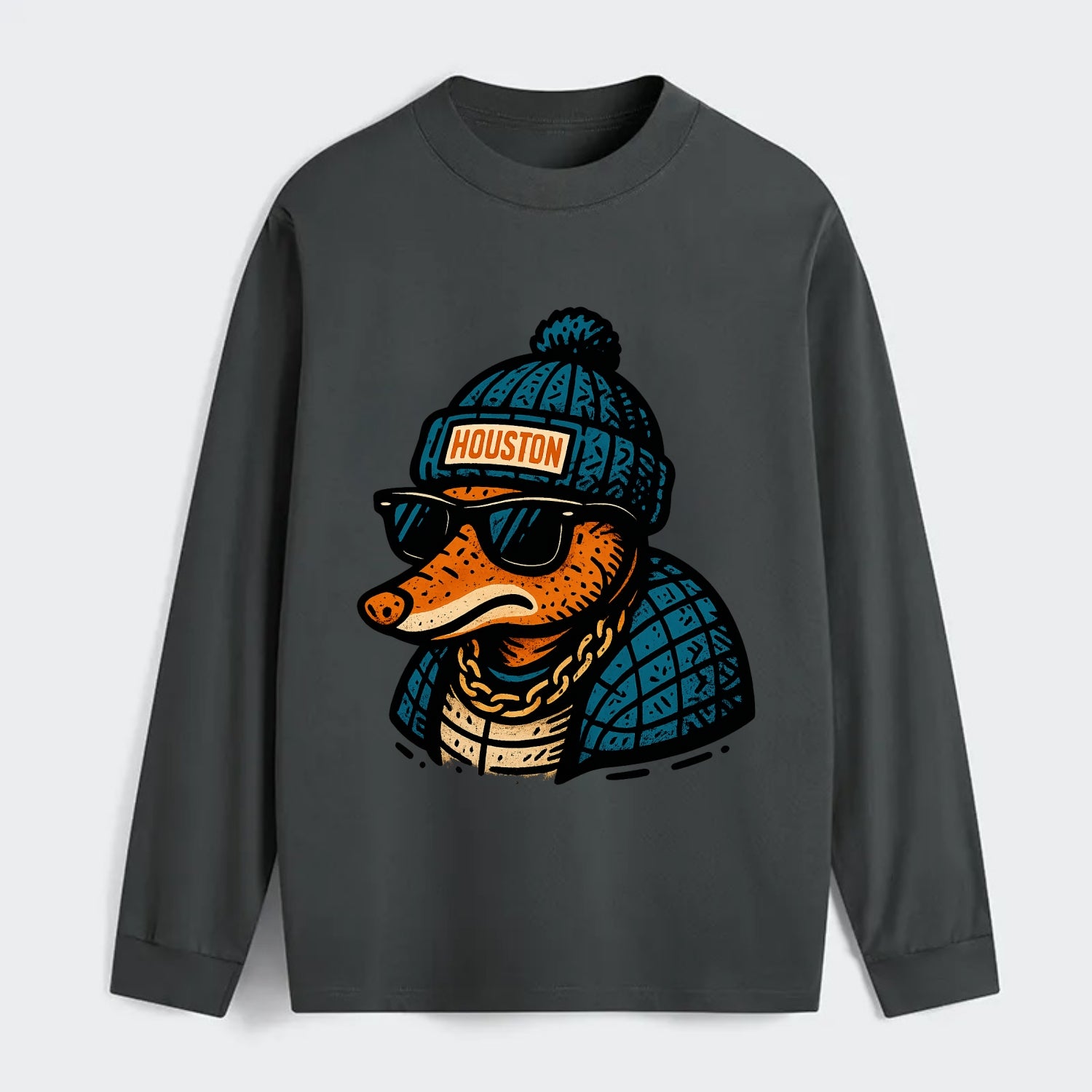 Houston Armadillo wearing Houston beanie with pom pom and wayfarer - Classic Long Sleeve Shirt - Gray