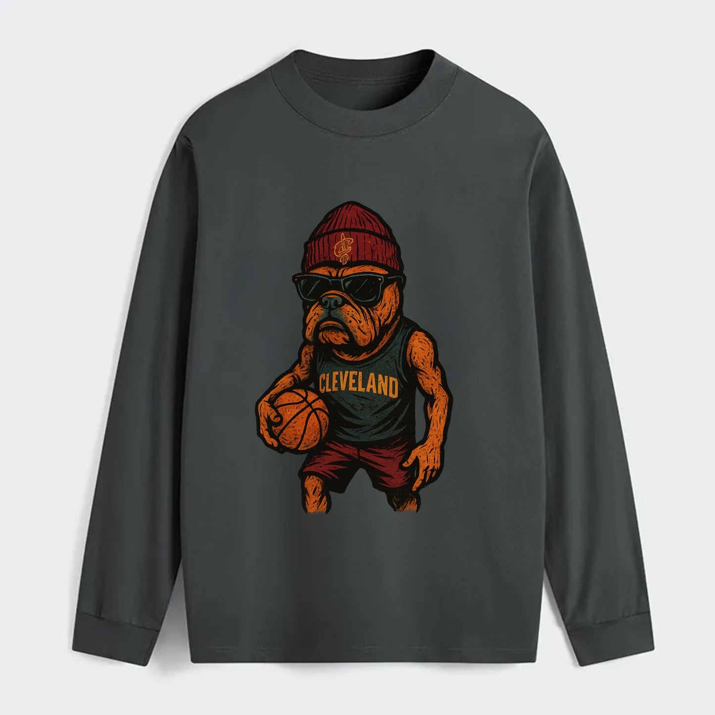 Cleveland Bulldog wearing Cavaliers wine and gold beanie with sword - Classic Long Sleeve Shirt - Gray