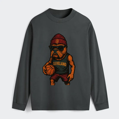 Cleveland Bulldog wearing Cavaliers wine and gold beanie with sword - Classic Long Sleeve Shirt - Gray