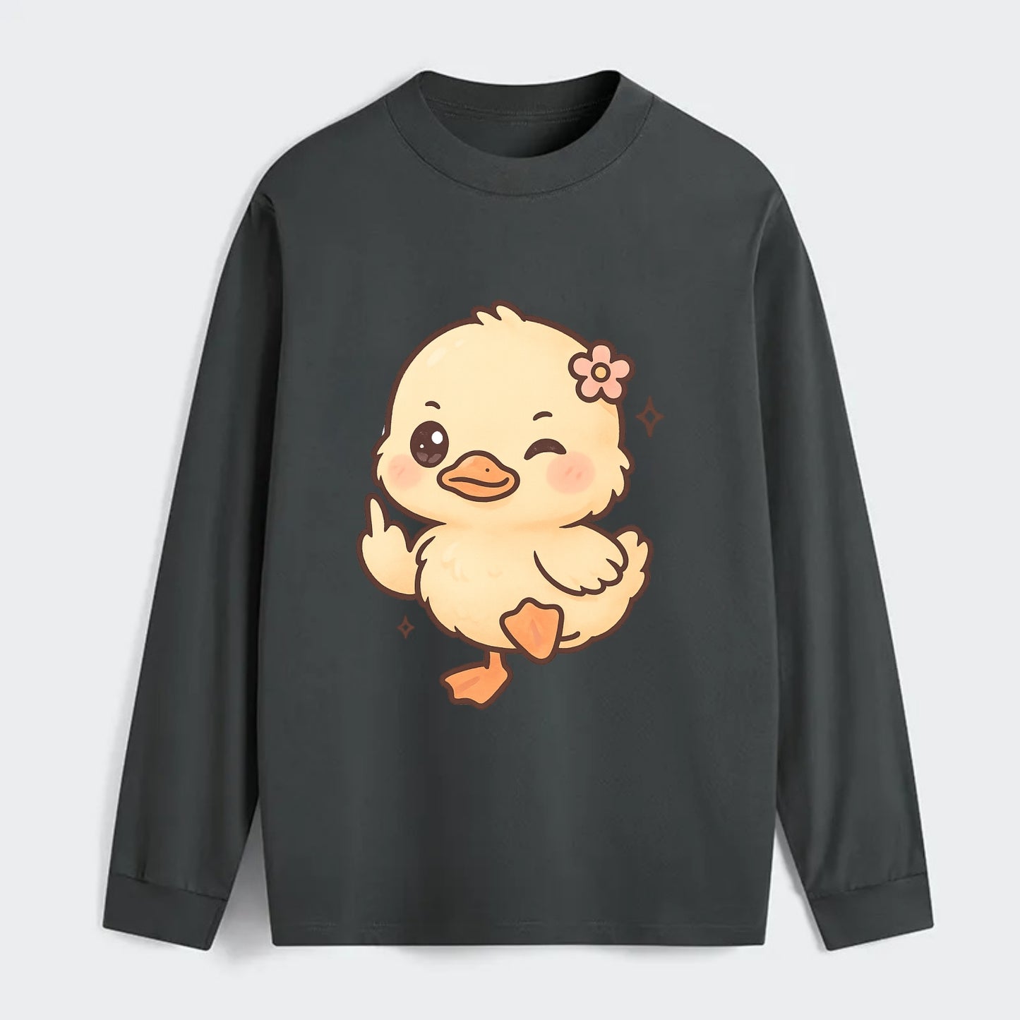 fluffy baby duck with small flower, one webbed foot raised sassily - Classic Long Sleeve Shirt - Gray
