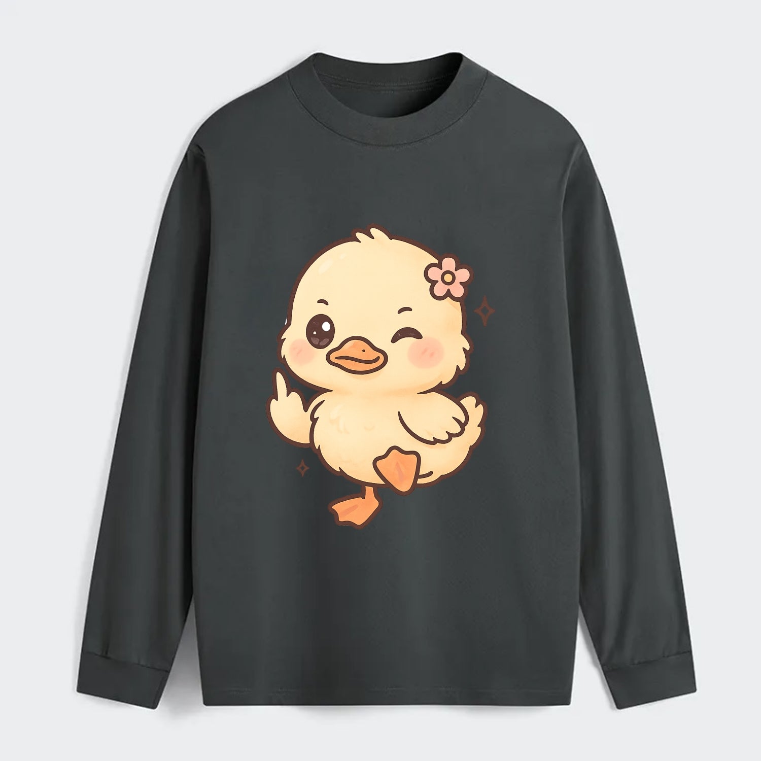 fluffy baby duck with small flower, one webbed foot raised sassily - Classic Long Sleeve Shirt - Gray