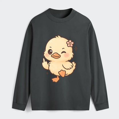 fluffy baby duck with small flower, one webbed foot raised sassily - Classic Long Sleeve Shirt - Gray