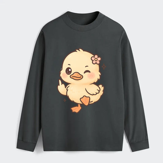 fluffy baby duck with small flower, one webbed foot raised sassily - Classic Long Sleeve Shirt - Gray