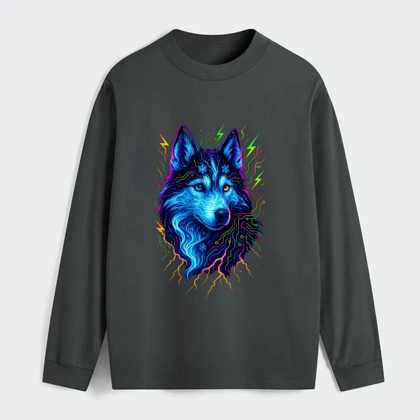 Siberian husky with ice-crystal flowing patterns, electric blue and - Classic Long Sleeve Shirt - Gray