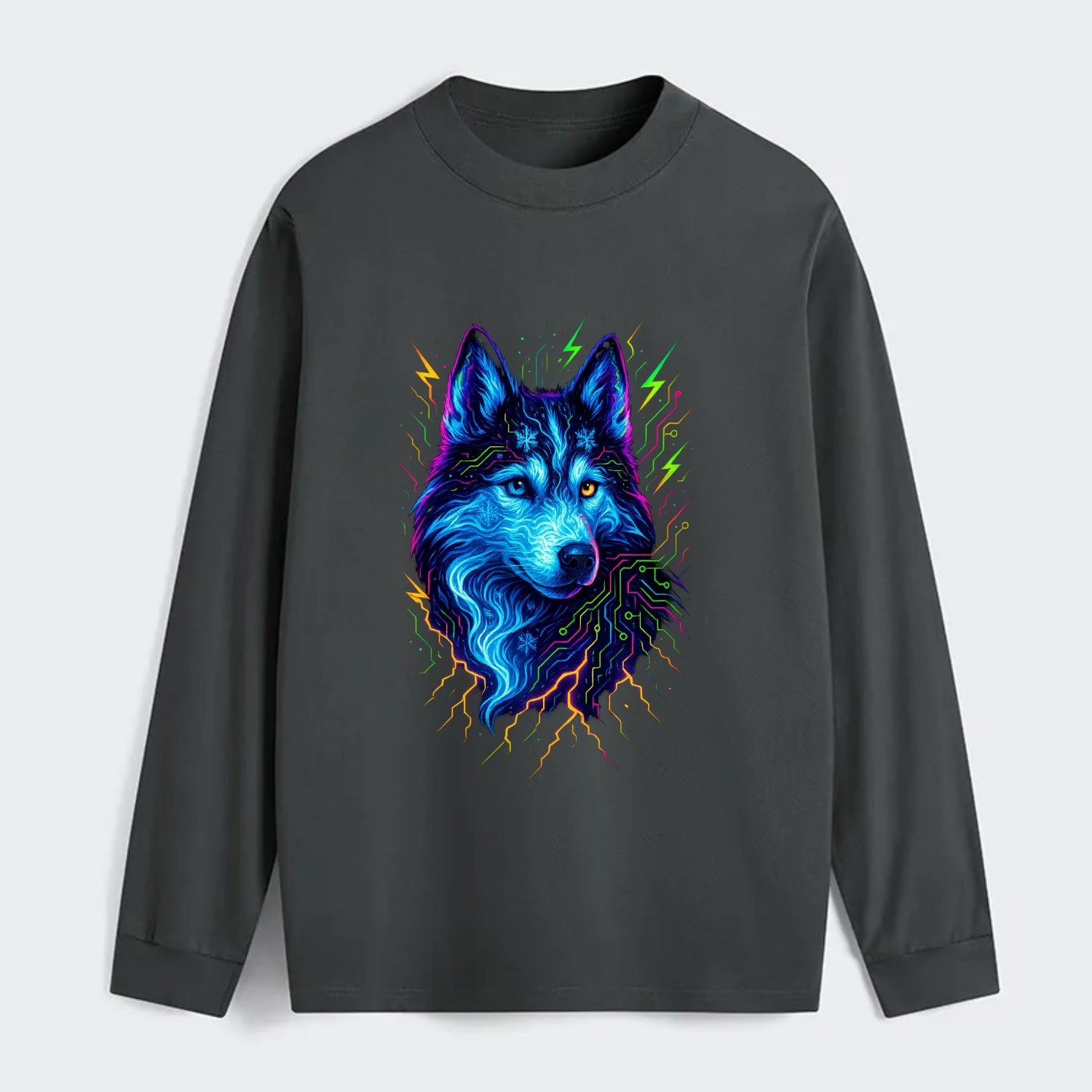 Siberian husky with ice-crystal flowing patterns, electric blue and - Classic Long Sleeve Shirt - Gray