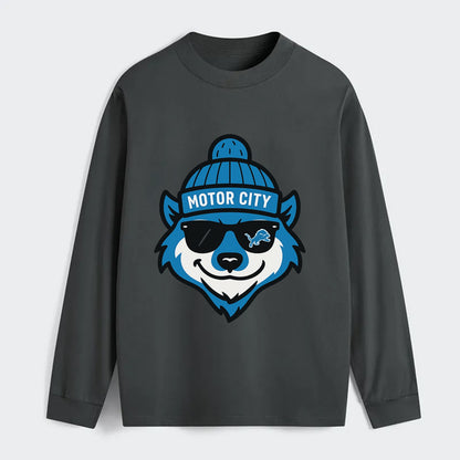 Motor City Wolverine wearing Lions beanie with gear patch and wayfarer - Classic Long Sleeve Shirt - Gray
