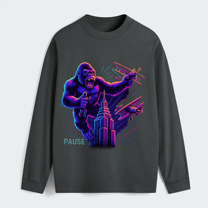 giant gorilla on top of skyscraper holding small figure, swatting planes - Classic Long Sleeve Shirt - Gray