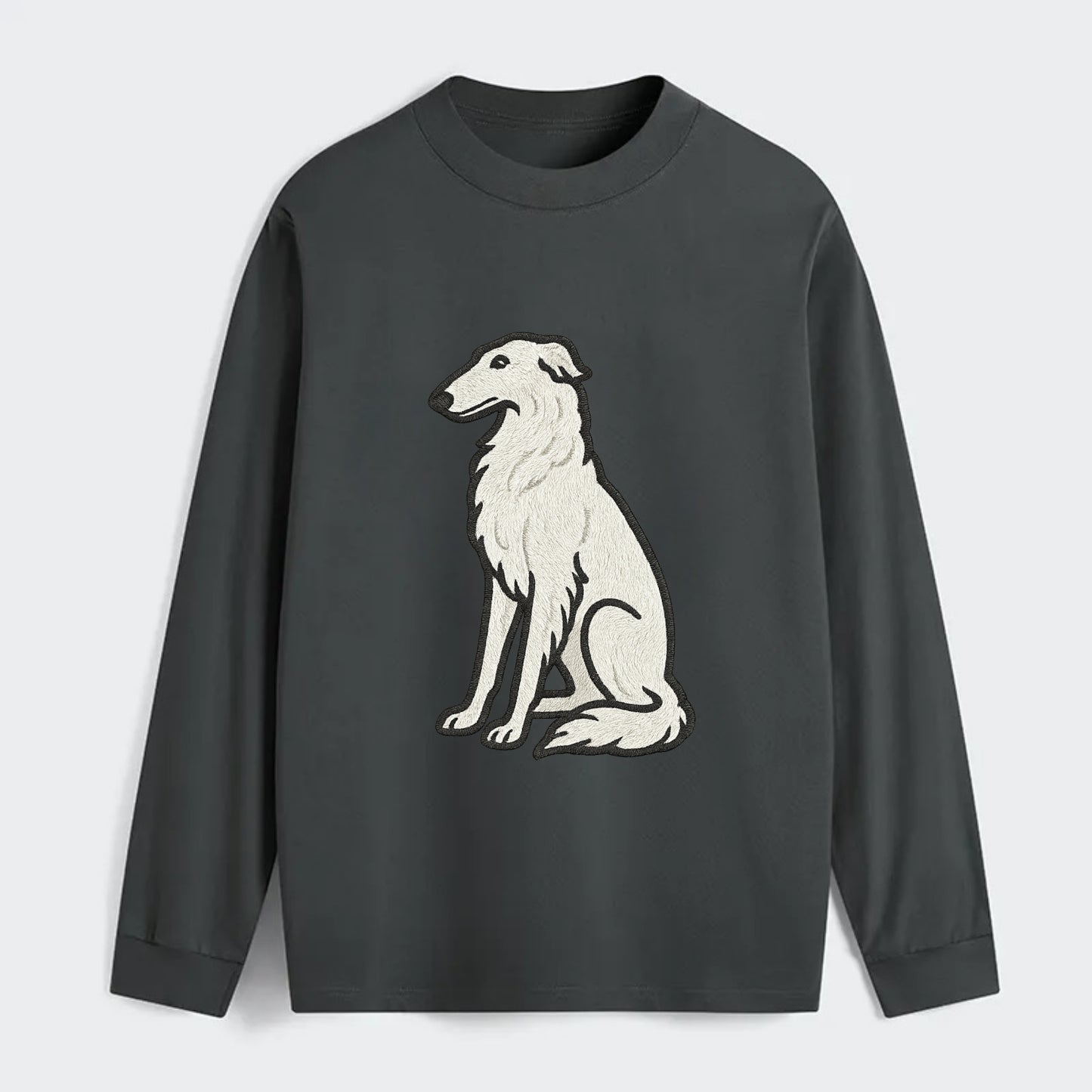 Borzoi - White embroidered sitting pose - Classic Long Sleeve Shirt - Gray