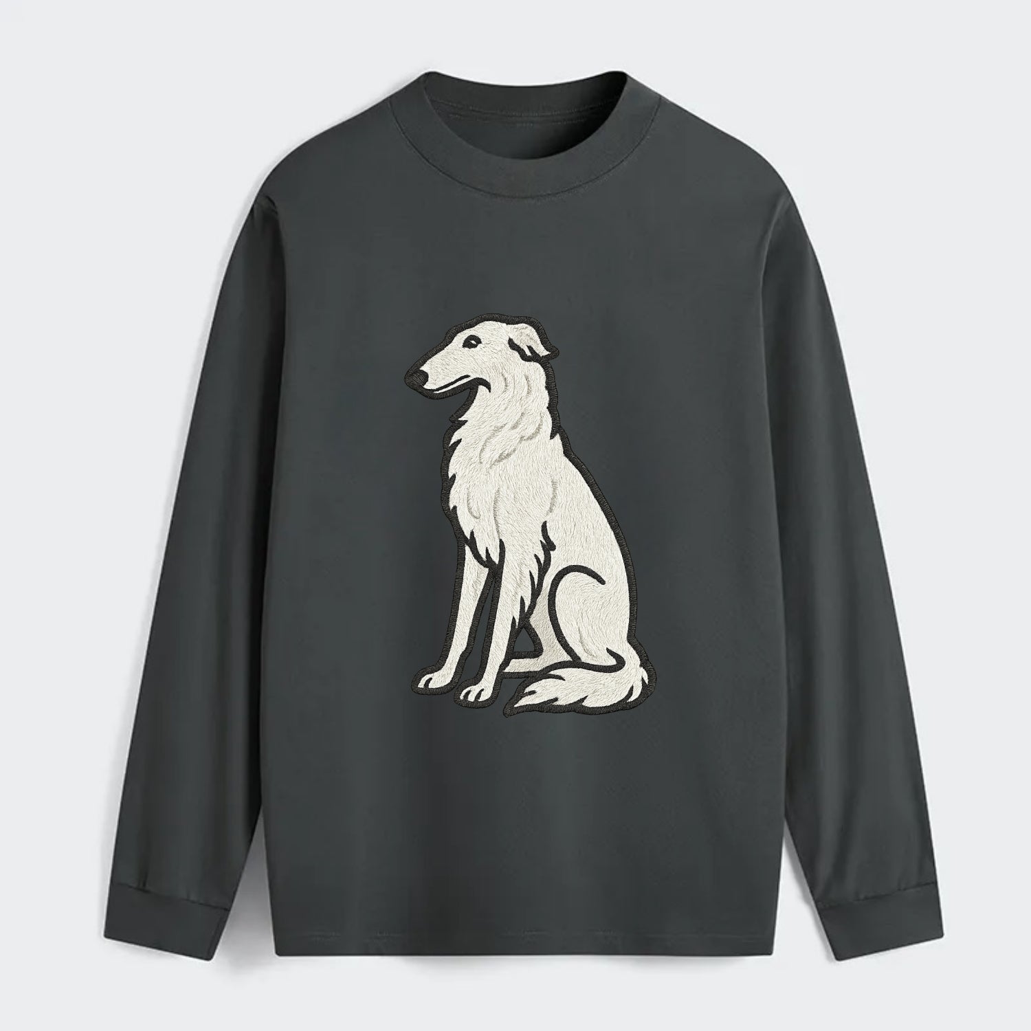 Borzoi - White embroidered sitting pose - Classic Long Sleeve Shirt - Gray
