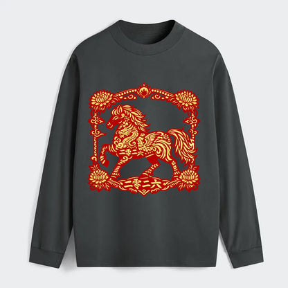 HORSE | Silk style horse design | Gold and silver thread appearance | - Classic Long Sleeve Shirt - Gray