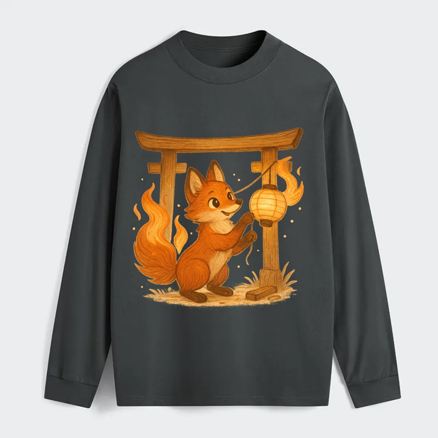 Foxfire kitsune stringing lanterns along a torii gate with tails of - Classic Long Sleeve Shirt - Gray