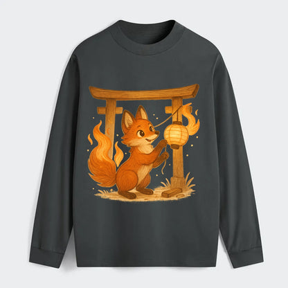 Foxfire kitsune stringing lanterns along a torii gate with tails of - Classic Long Sleeve Shirt - Gray