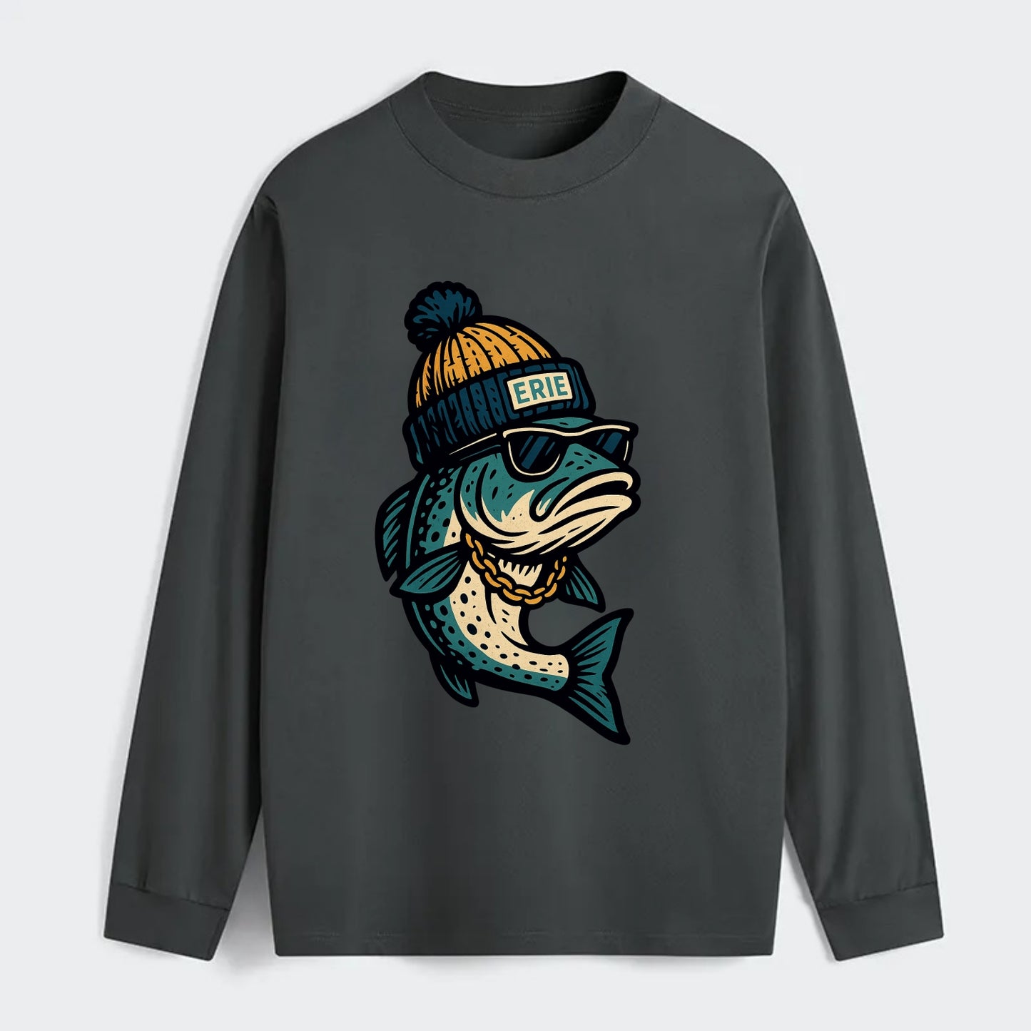 Erie Lake Trout wearing Erie beanie with - Classic Long Sleeve Shirt - Gray