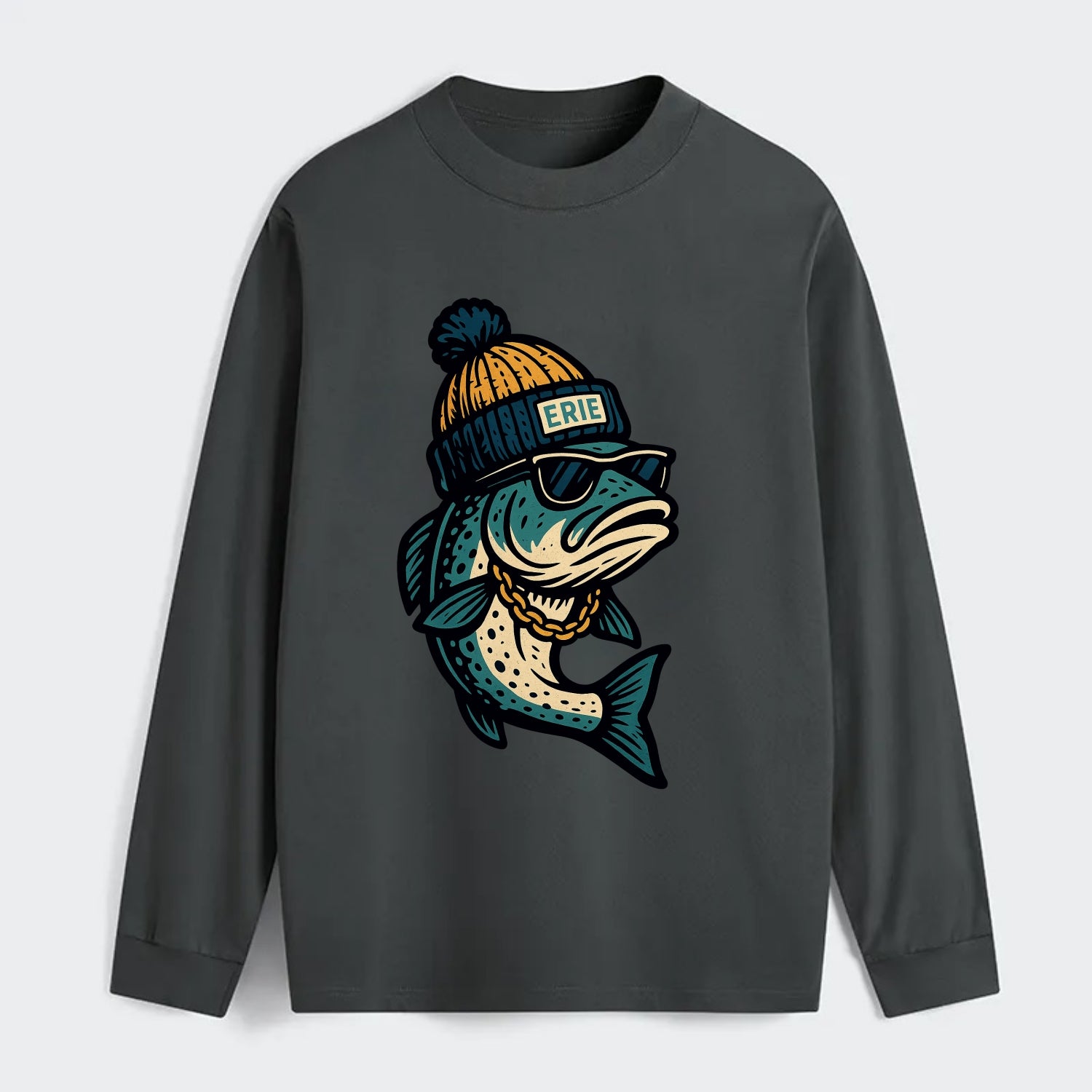 Erie Lake Trout wearing Erie beanie with - Classic Long Sleeve Shirt - Gray