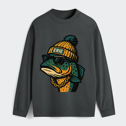 Erie Lake Trout wearing Erie beanie with pom pom and wayfarer sunglasses - Classic Long Sleeve Shirt - Gray