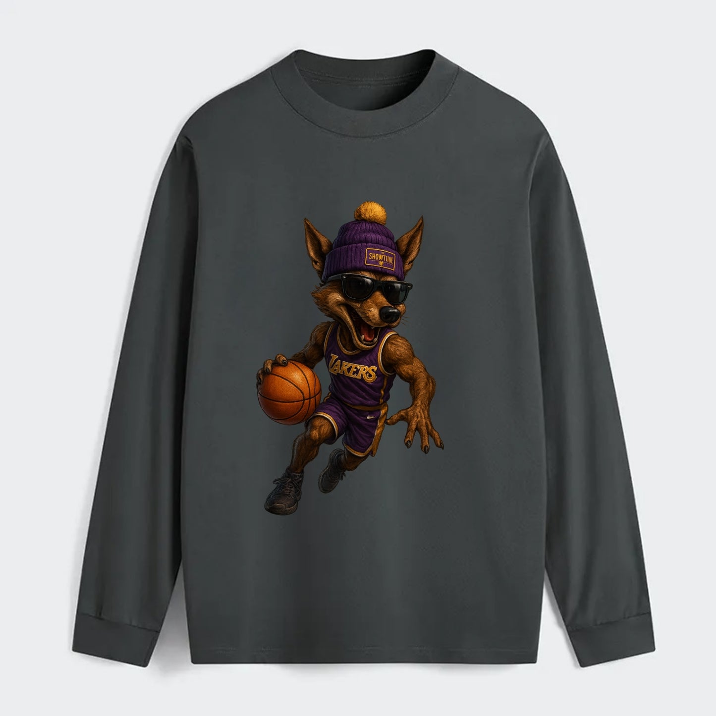 Hollywood Coyote wearing Lakers beanie with Showtime patch and wayfarer - Classic Long Sleeve Shirt - Gray