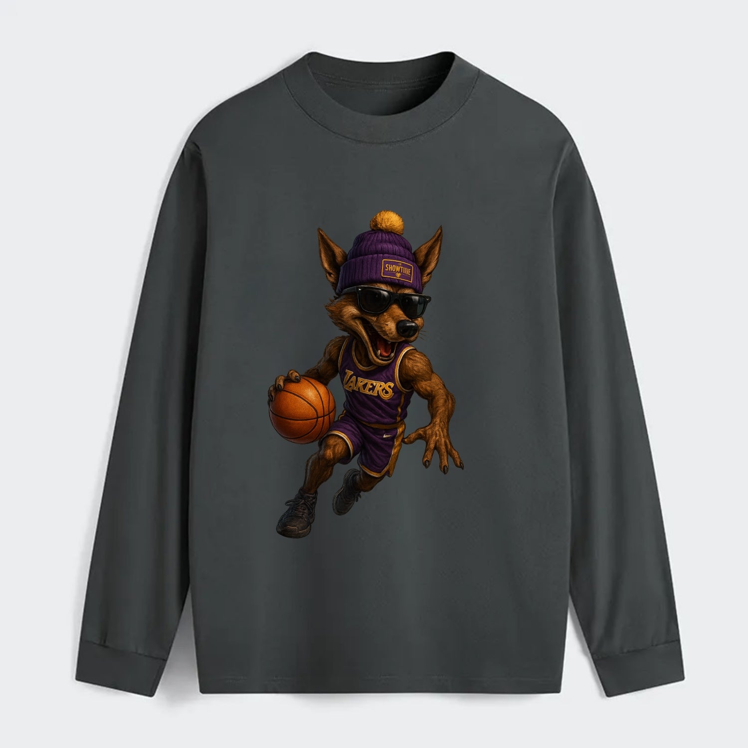 Hollywood Coyote wearing Lakers beanie with Showtime patch and wayfarer - Classic Long Sleeve Shirt - Gray