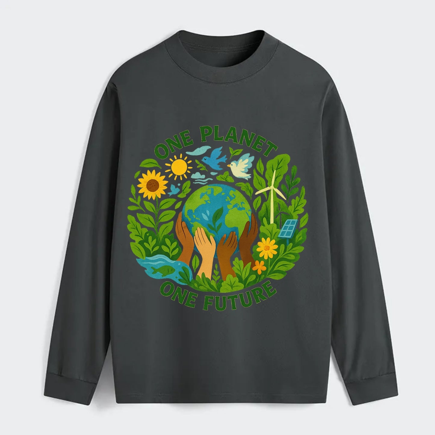 Globe surrounded by hands of all colors working together - "One Planet, - Classic Long Sleeve Shirt - Gray