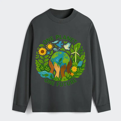 Globe surrounded by hands of all colors working together - "One Planet, - Classic Long Sleeve Shirt - Gray