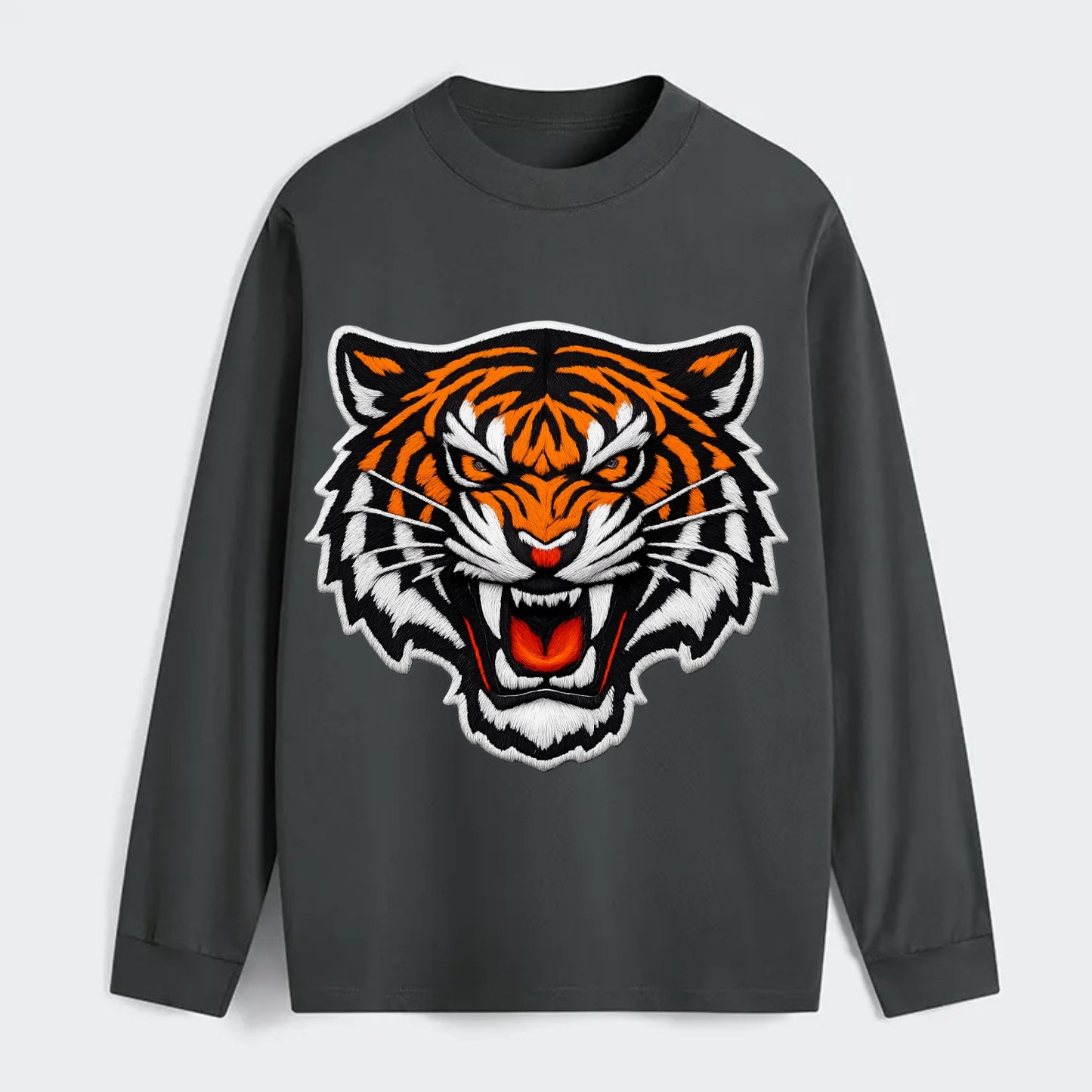TIGER STRIPES FACE - fierce tiger face in orange, black and white , - Classic Long Sleeve Shirt - Gray