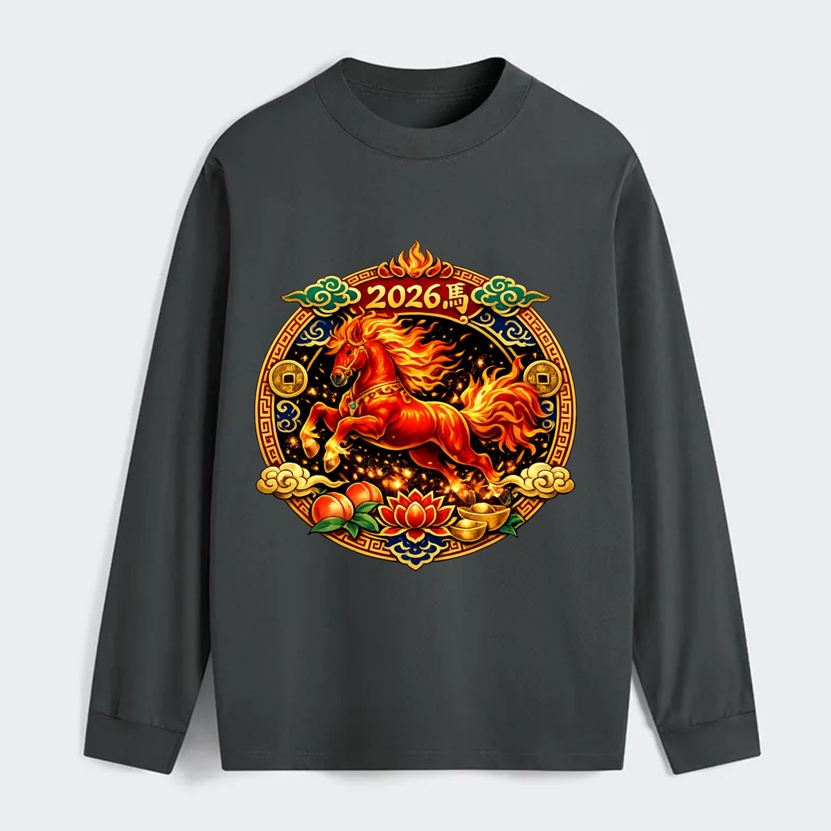 FIRE HORSE | Flaming mane and tail horse | Blazing orange and red - Classic Long Sleeve Shirt - Gray