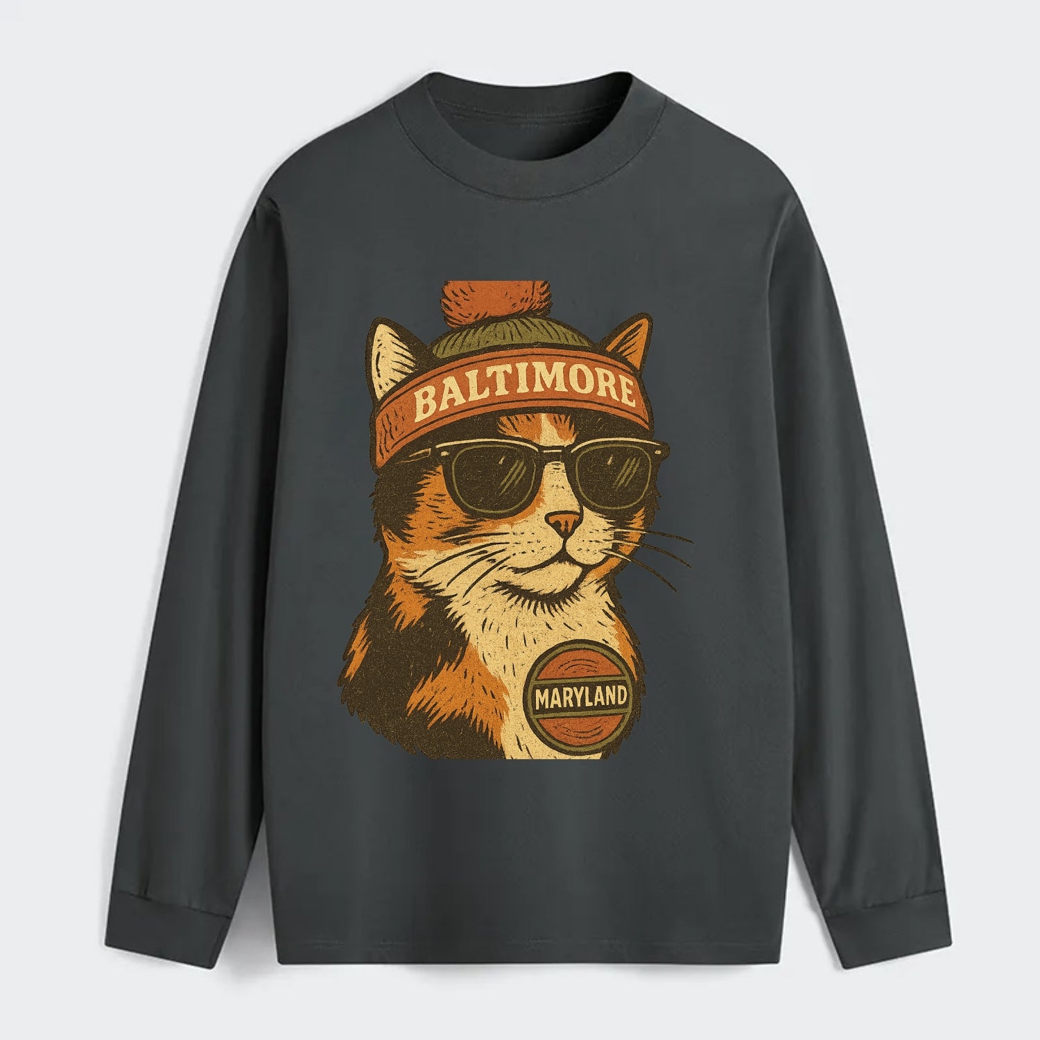 Maryland Calico Cat wearing Baltimore beanie with pom pom and wayfarer - Classic Long Sleeve Shirt - Gray
