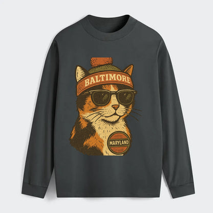 Maryland Calico Cat wearing Baltimore beanie with pom pom and wayfarer - Classic Long Sleeve Shirt - Gray