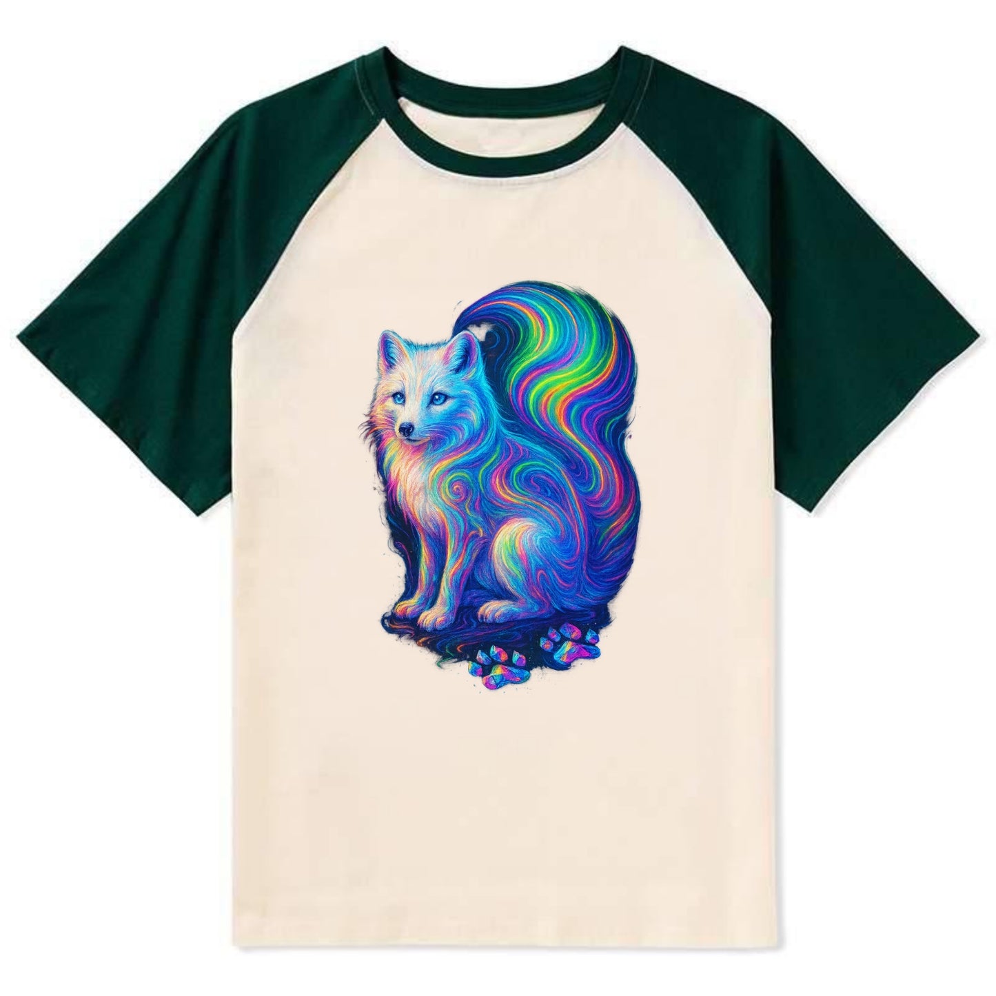 Graceful arctic fox with tail streaming aurora colors, white fur with - Contrast Raglan T-shirt - Green