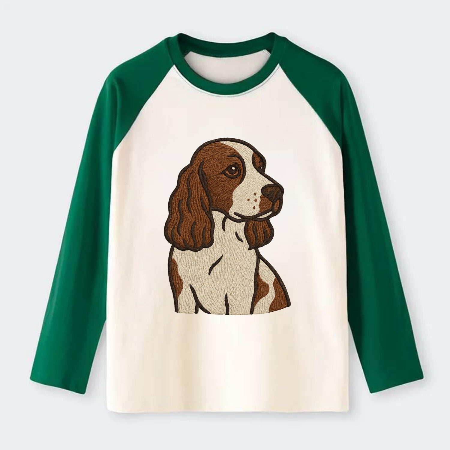 English Cocker Spaniel - Liver and white embroidered design - Raglan Long Sleeve T-Shirt - Green