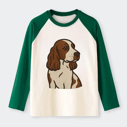 English Cocker Spaniel - Liver and white embroidered design - Raglan Long Sleeve T-Shirt - Green