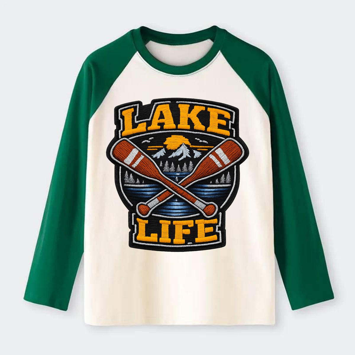 CANOE PADDLE - wooden paddle crossed in brown and cream , lake life - Raglan Long Sleeve T-Shirt - Green
