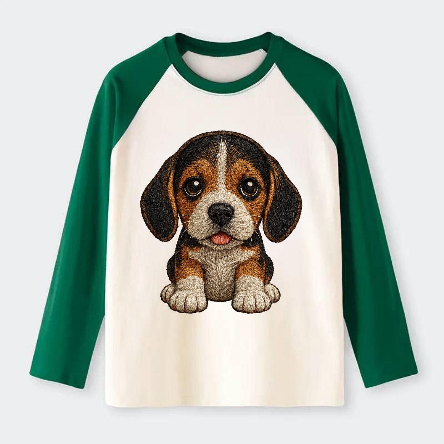 Baby Beagle Puppy - tricolor coat, long droopy ears, big pleading - Raglan Long Sleeve T-Shirt - Green