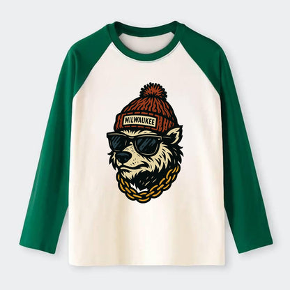 Milwaukee Badger wearing Milwaukee beanie with pom pom and wayfarer - Raglan Long Sleeve T-Shirt - Green
