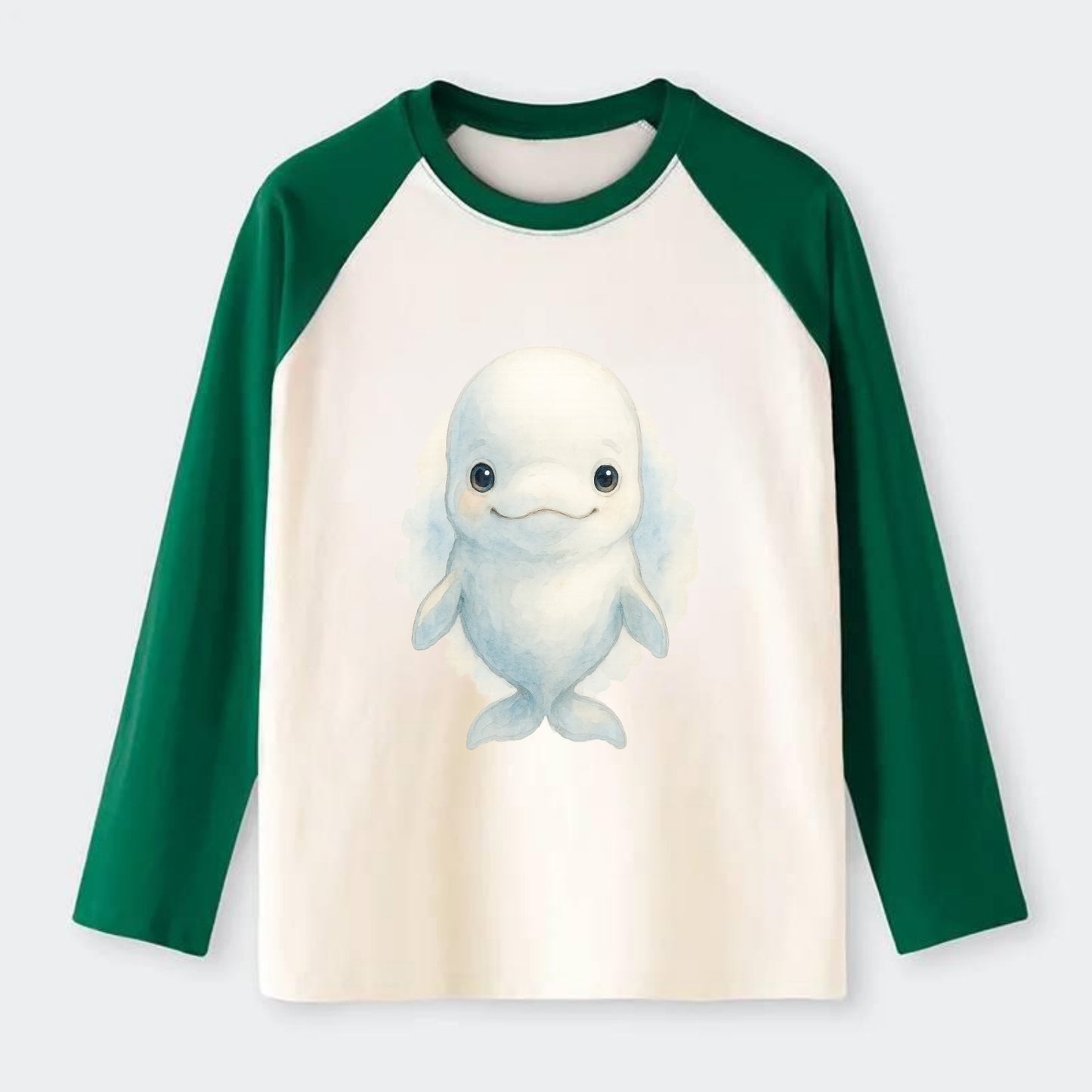 Baby Beluga Whale - pure white, rounded forehead, small eyes with big - Raglan Long Sleeve T-Shirt - Green