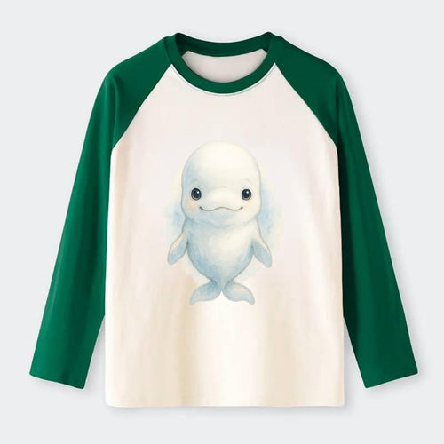 Baby Beluga Whale - pure white, rounded forehead, small eyes with big - Raglan Long Sleeve T-Shirt